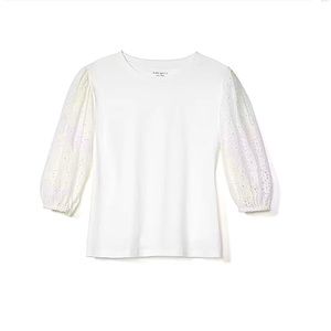 kate spade ♠️- White Floral Embroidered Cutwork Tee with Lace Sleeves, Size L